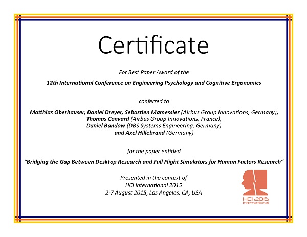 Certificate for best paper award of the 12th International Conference on Engineering Psychology and Cognitive Ergonomics. Details in text following the image