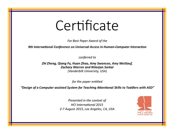 Certificate for best paper award of the 9th International Conference on Universal Access in Human-Computer Interaction. Details in text following the image