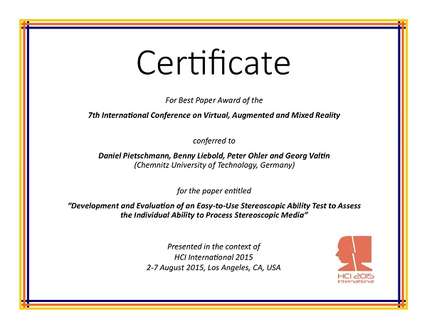 Certificate for best paper award of the 7th International Conference on Virtual, Augmented and Mixed Reality. Details in text following the image