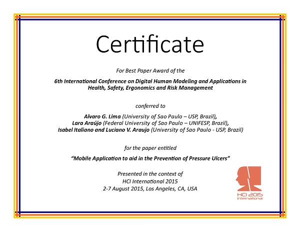 Certificate for best paper award of the 6th International Conference on Digital Human Modeling and Applications in Health, Safety, Ergonomics and Risk Management. Details in text following the image