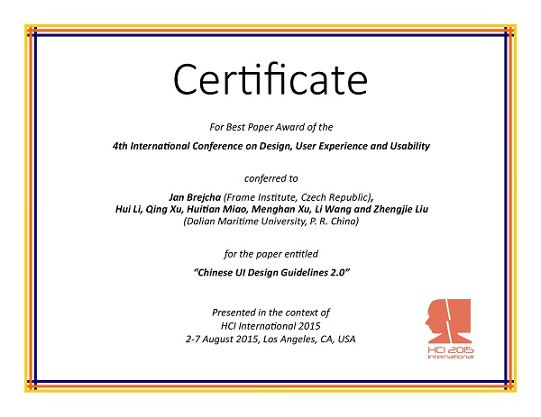 Certificate for best paper award of the 4th International Conference on Design, User Experience and Usability. Details in text following the image