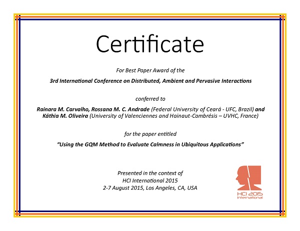 Certificate for best paper award of the 3rd International Conference on Distributed, Ambient and Pervasive Interactions. Details in text following the image
