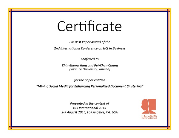 Certificate for best paper award of the 2nd International Conference on HCI in Business. Details in text following the image