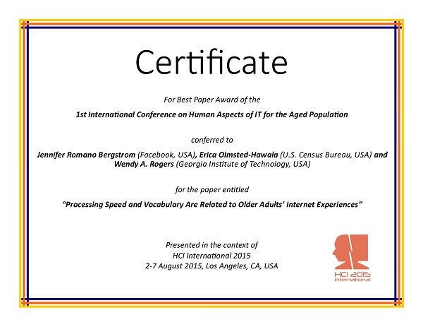 Certificate for best paper award of the 1st International Conference on Human Aspects of IT for the Aged Population. Details in text following the image